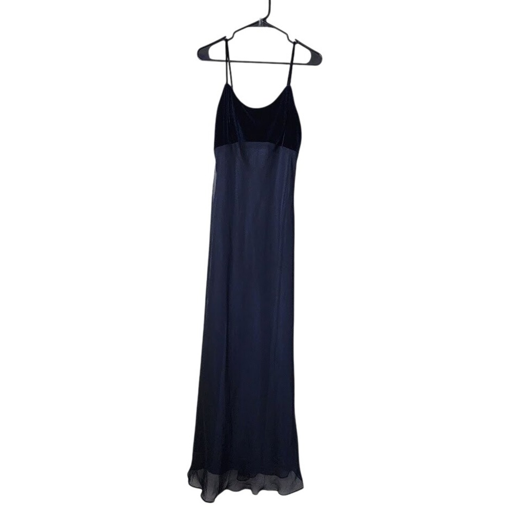 HAMPTON NITES Vintage Navy Blue Velvet Bodice Chiffon Maxi Gown Size 8